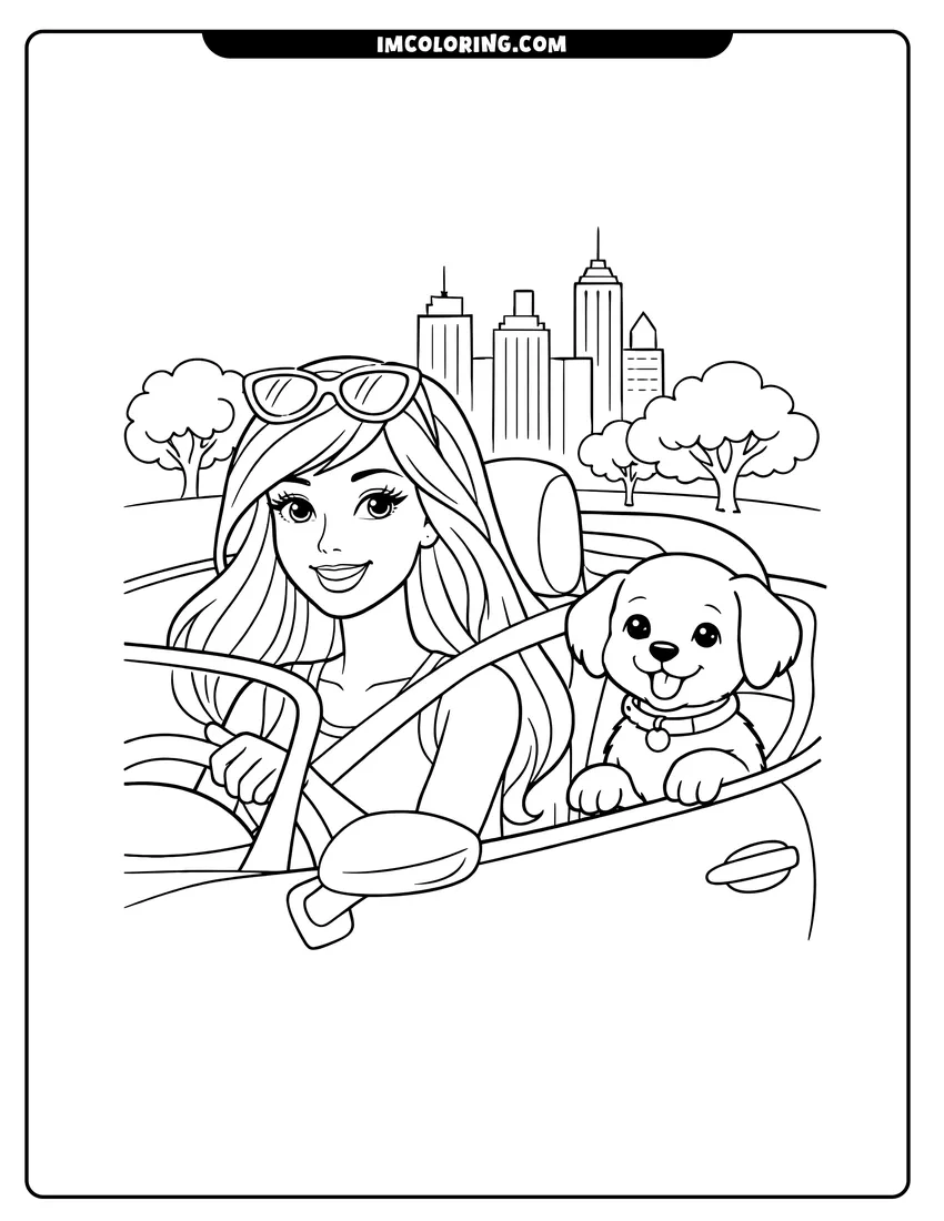 Kids activity sheet showing Barbie driving a convertible with a puppy