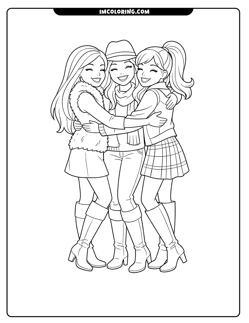 Simple line drawing of Three friends in a group hug outdoors