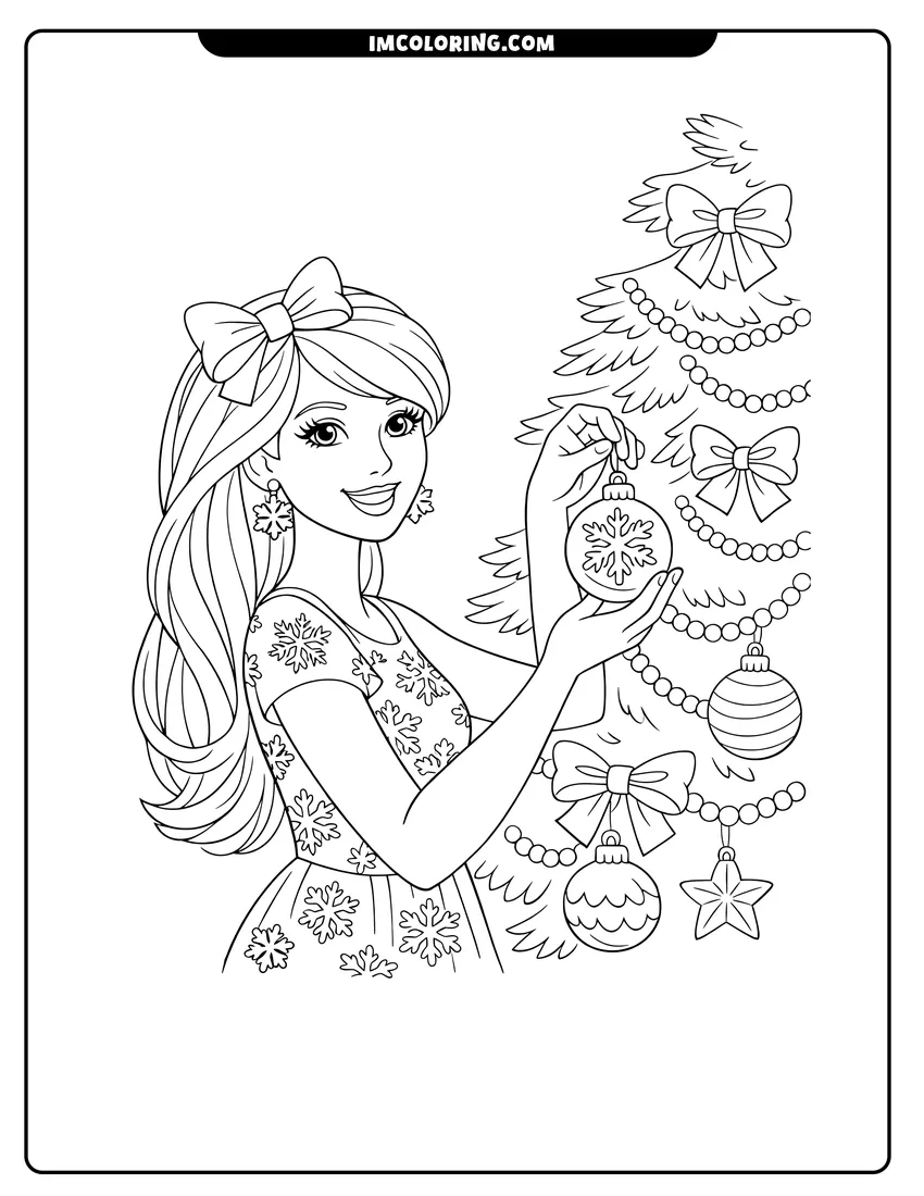Coloring sheet of Barbie hanging an ornament on a Christmas tree for kids