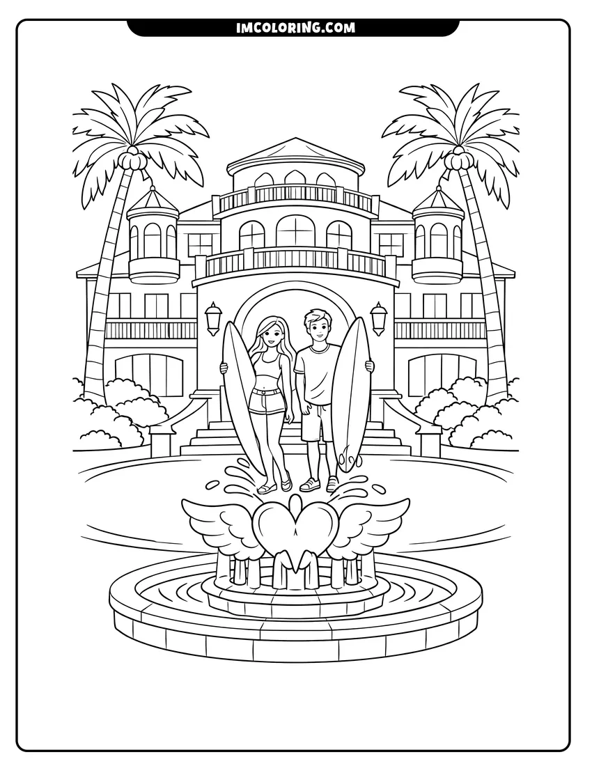 Printable outline of Grand mansion with a heart fountain