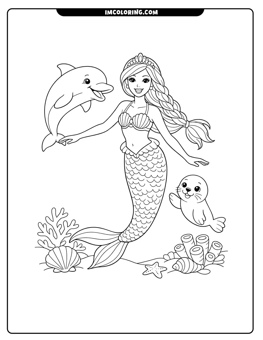 Mermaid Barbie swimming with a dolphin and seal drawing meant for coloring