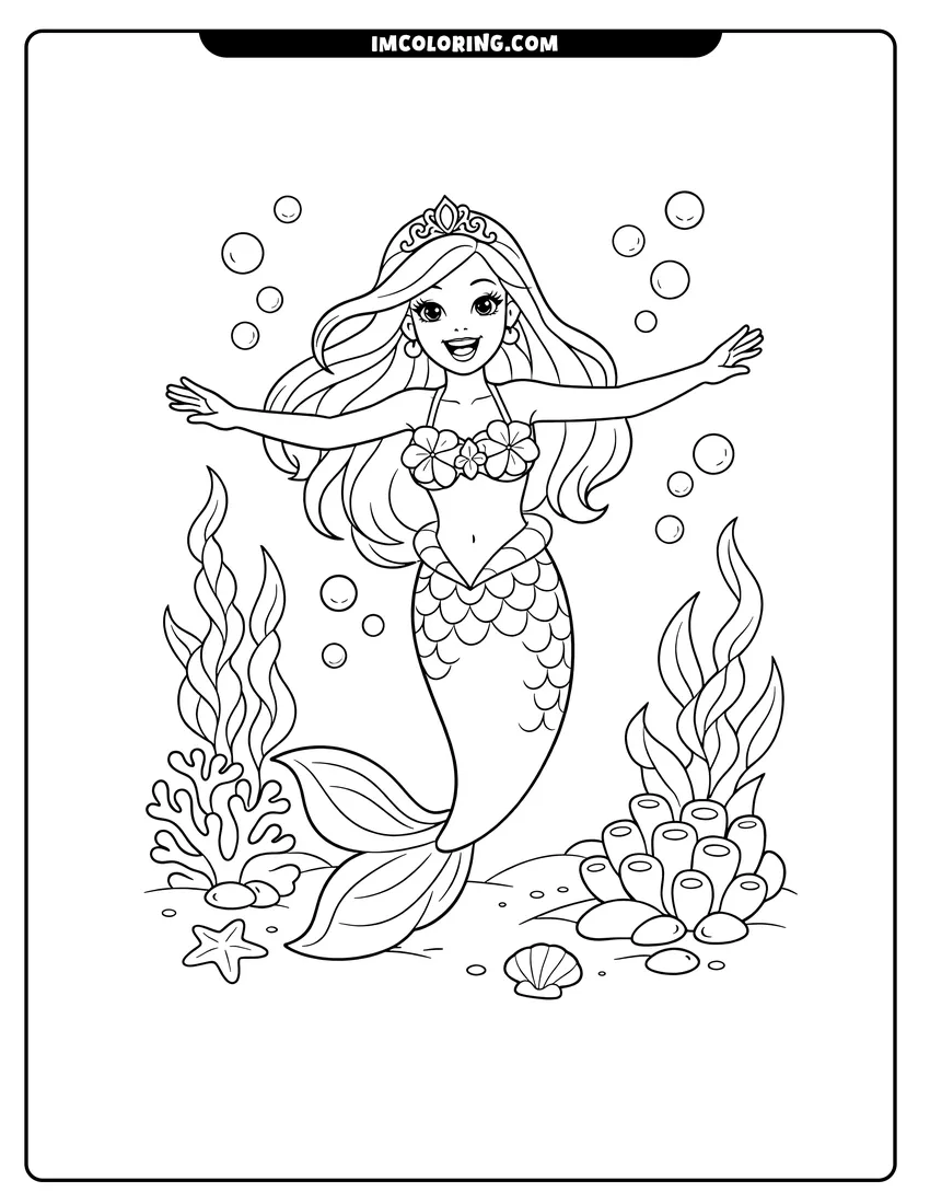 Printable coloring page featuring Joyful mermaid Barbie swimming underwater