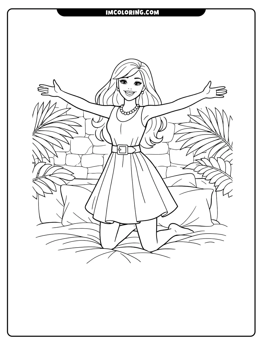 Cute Woman standing on a bed with arms outstretched outline for coloring