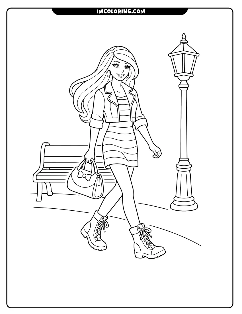 Simple line drawing of Barbie walking on a park path