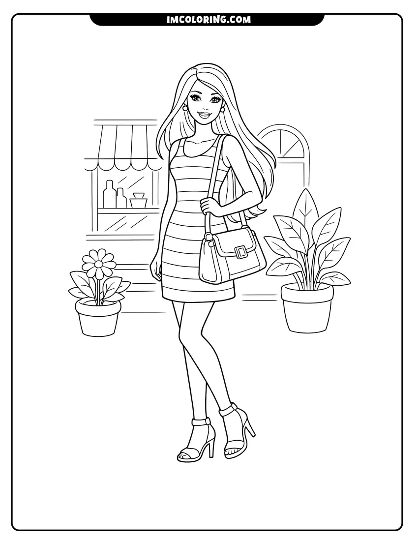 Line art depicting Barbie carrying a handbag in front of a storefront