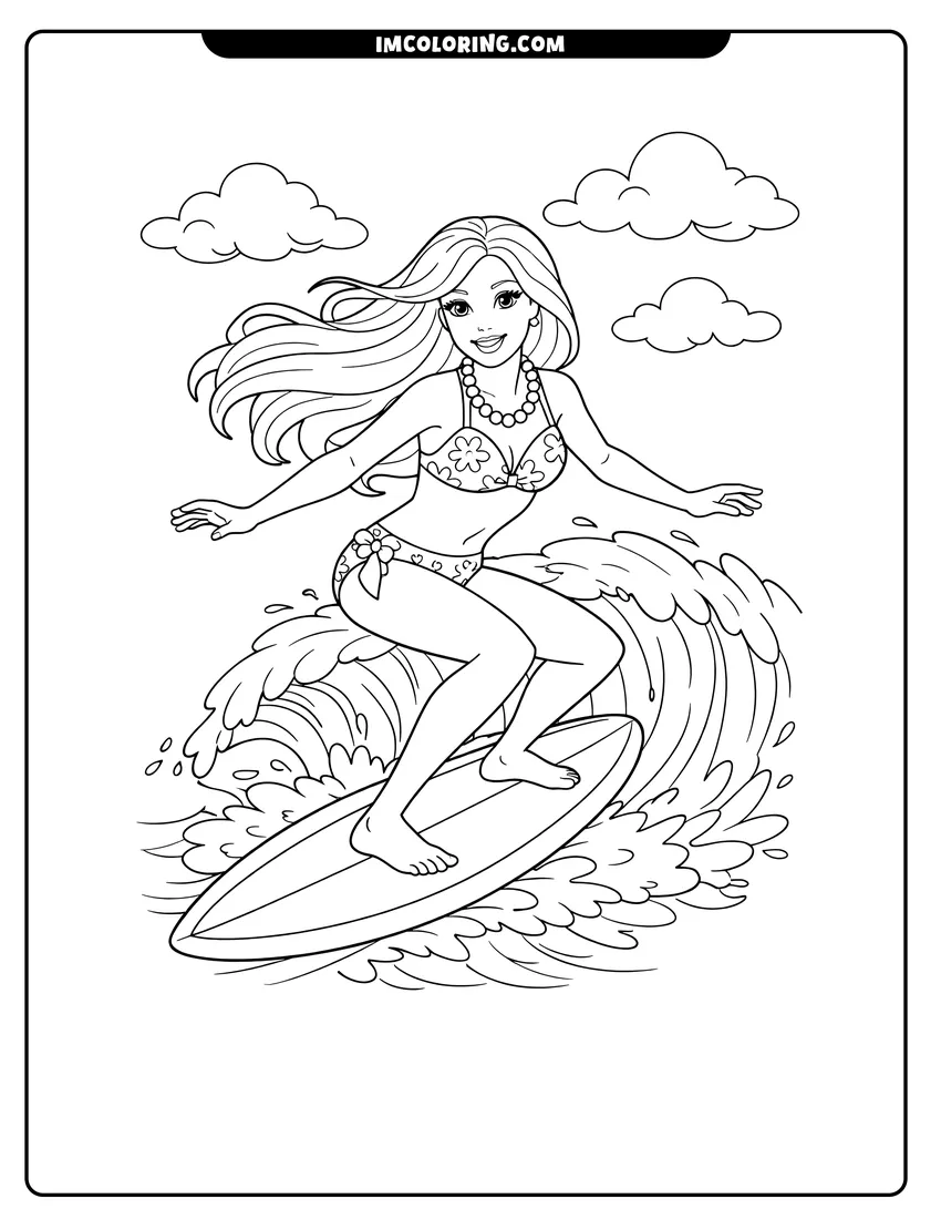 Detailed Barbie riding a large ocean wave on a surfboard design for coloring
