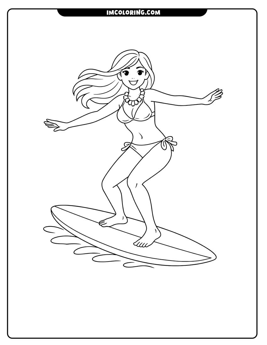Outline of Woman with long hair surfing on ocean waves on a white background