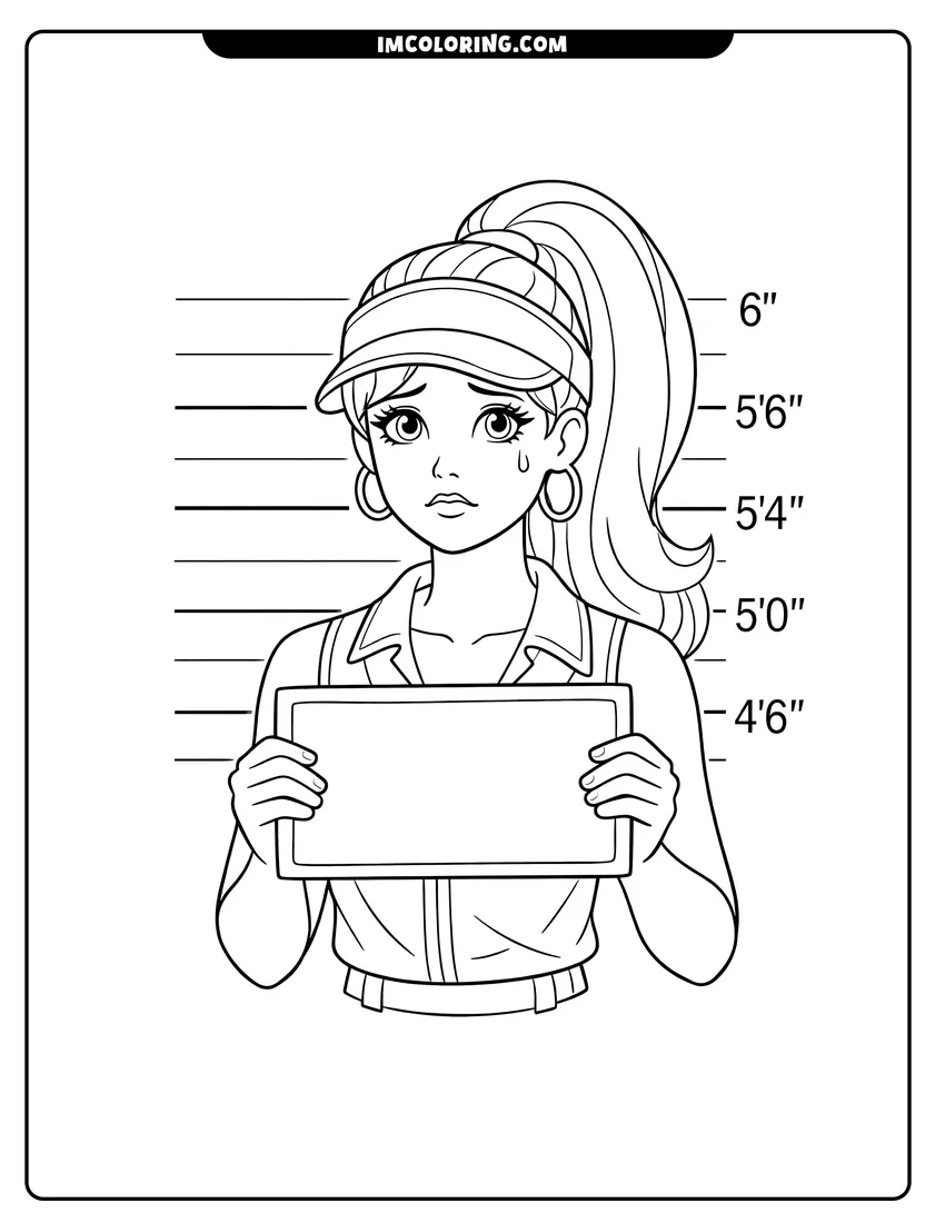 Detailed Worried Barbie holding a police mugshot placard design for coloring
