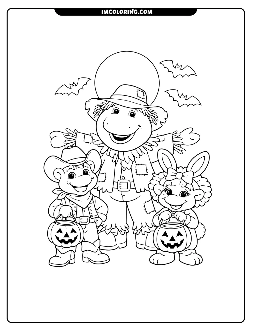 Printable Barney as a scarecrow with BJ and Baby Bop coloring activity