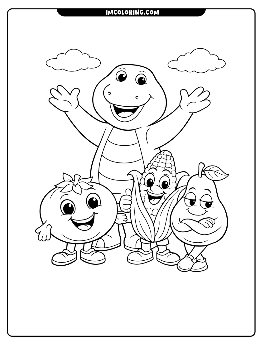 Printable outline of Barney standing with anthropomorphic vegetable and fruit characters