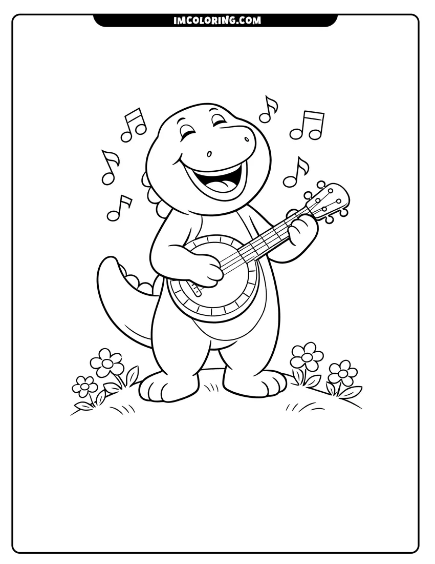 Kawaii style Barney playing a guitar and singing outdoors coloring picture
