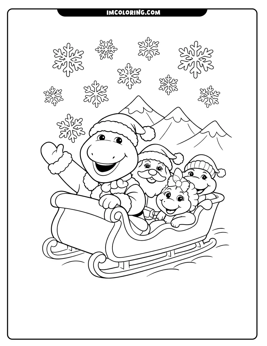 Simple sketch of Barney and Santa Claus riding in a winter sleigh for children