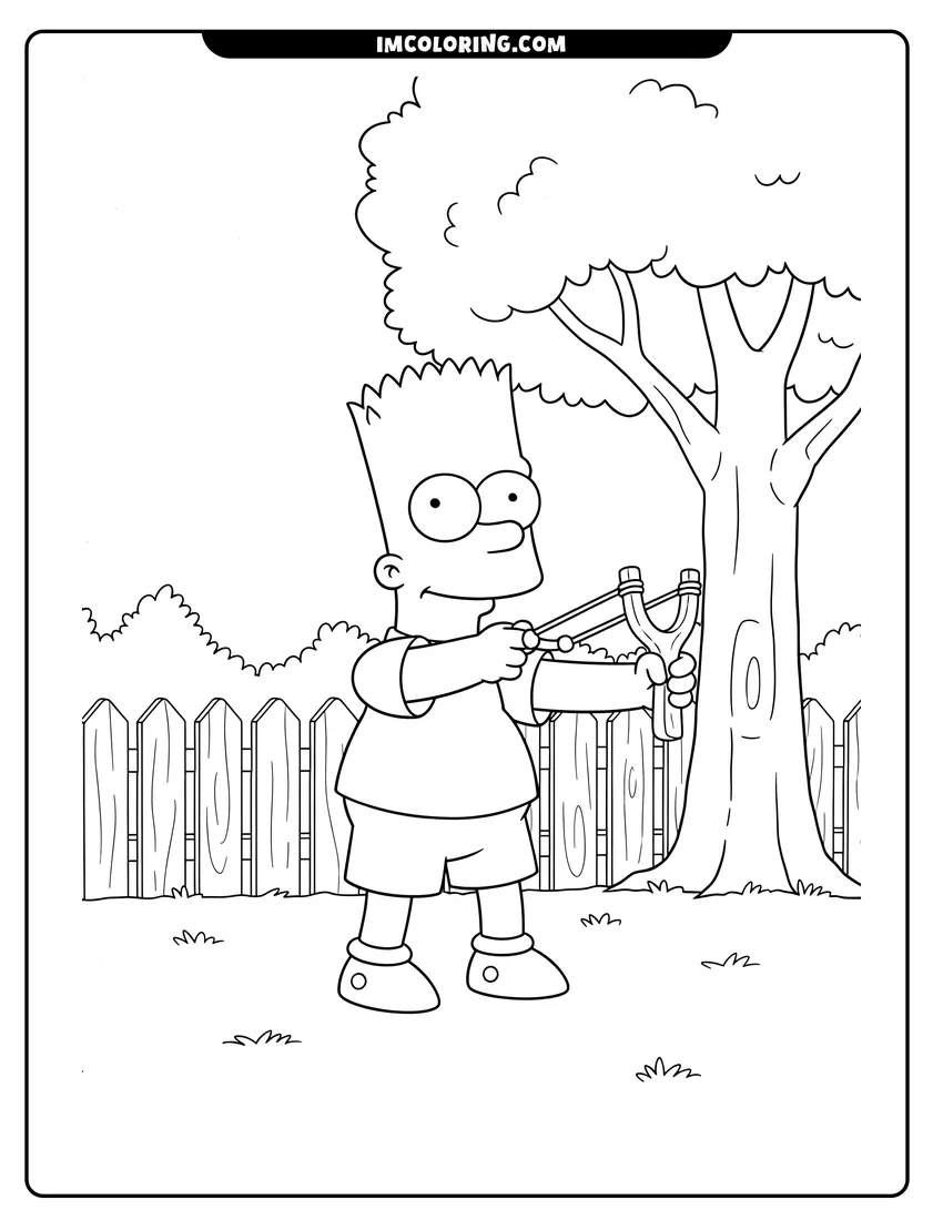 Printable Bart Simpson aiming a wooden slingshot in a backyard coloring activity