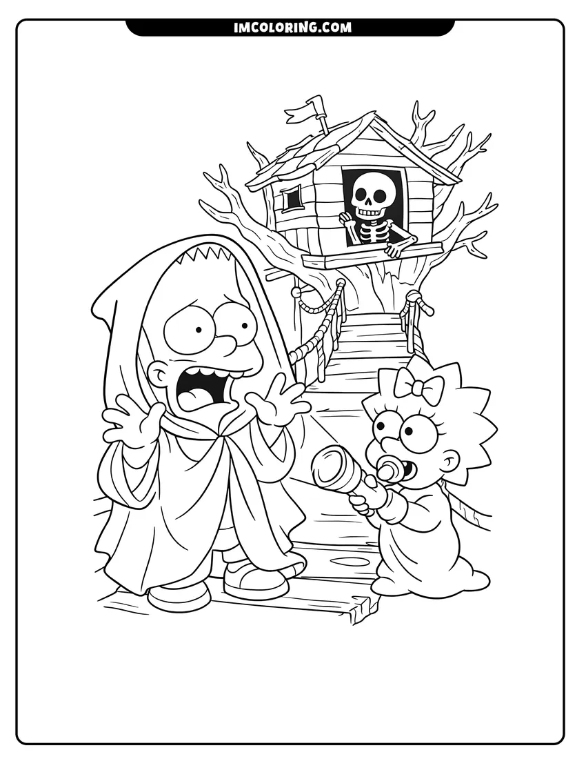 Detailed Bart Simpson and Maggie near a spooky treehouse design for coloring