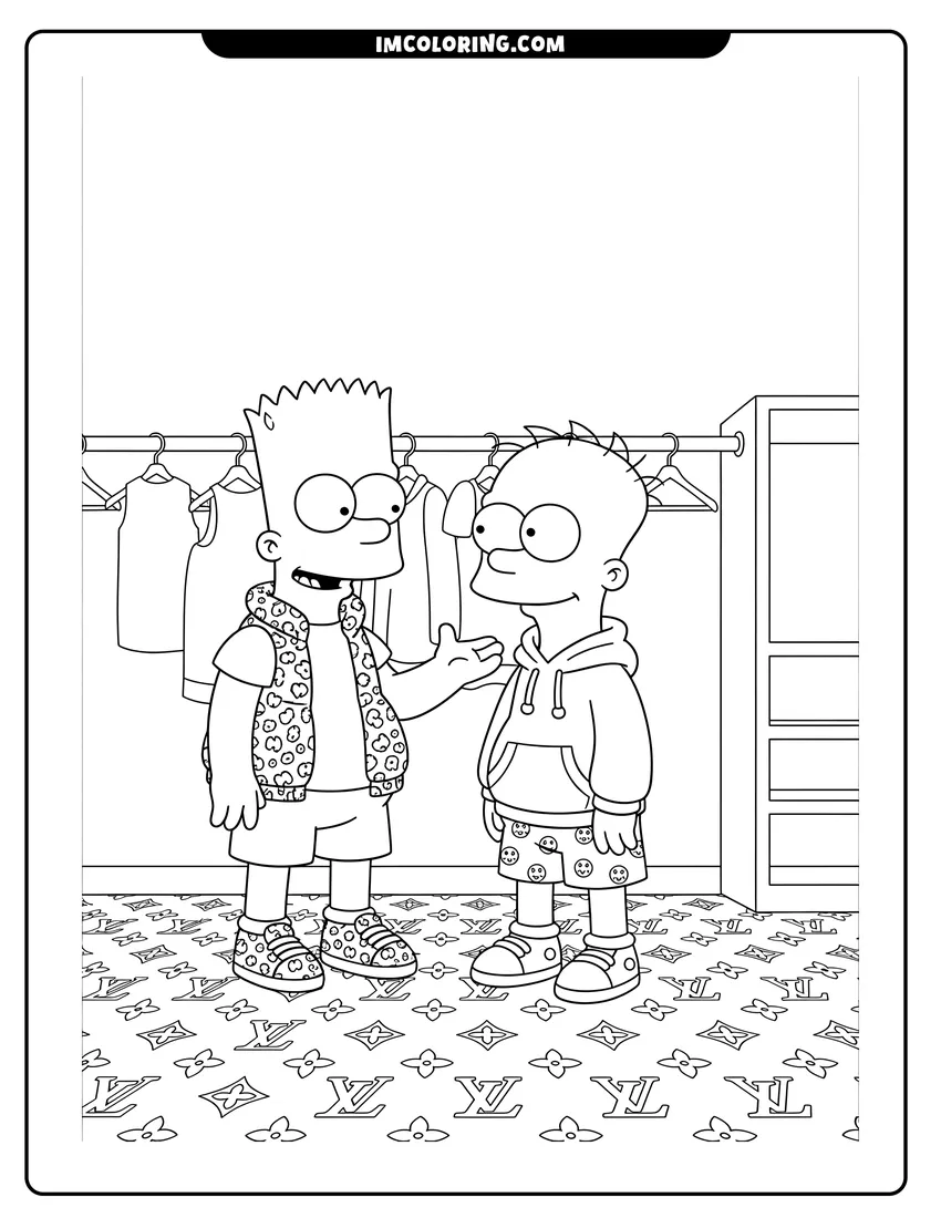 Scene showing Bart Simpson and Milhouse inside a luxury clothing store to color