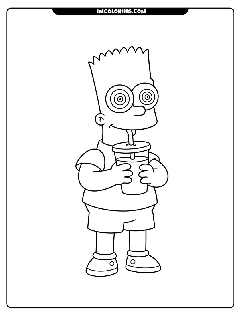 Black and white Bart Simpson with spiral eyes drinking a large Squishee coloring sheet