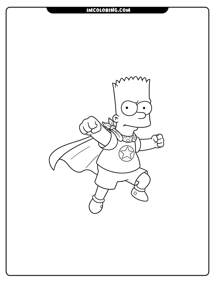Kawaii style Bart Simpson wearing a superhero cape in a heroic pose coloring picture