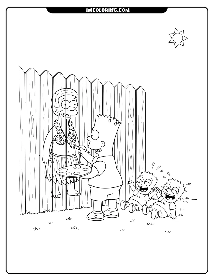Printable coloring page featuring Bart Simpson painting a funny picture of Ned Flanders