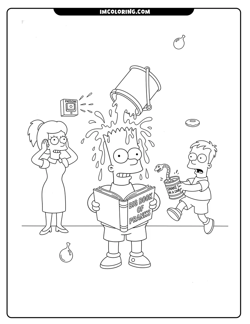 Printable outline of Bart Simpson pulling a prank on Principal Skinner