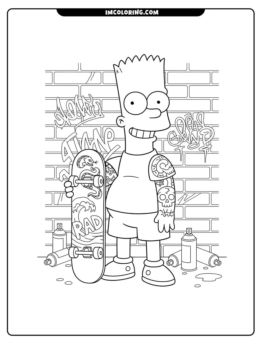Simple sketch of Bart Simpson with tattoos standing near a graffiti wall for children