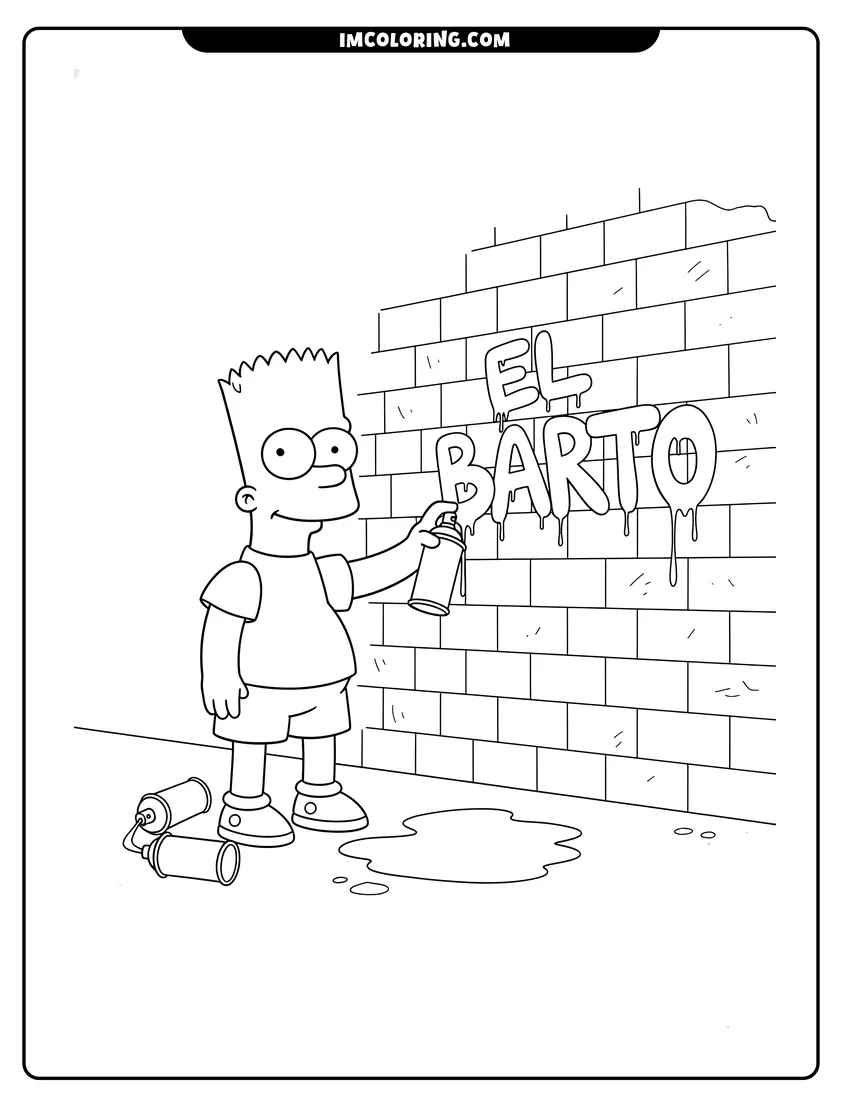 Bart Simpson spray painting graffiti on a brick wall drawing meant for coloring