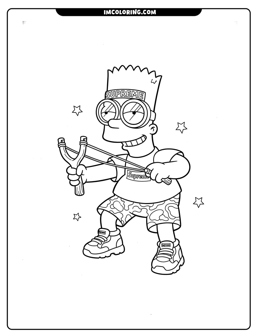 Cute Bart Simpson wearing goggles and aiming a branded slingshot outline for coloring