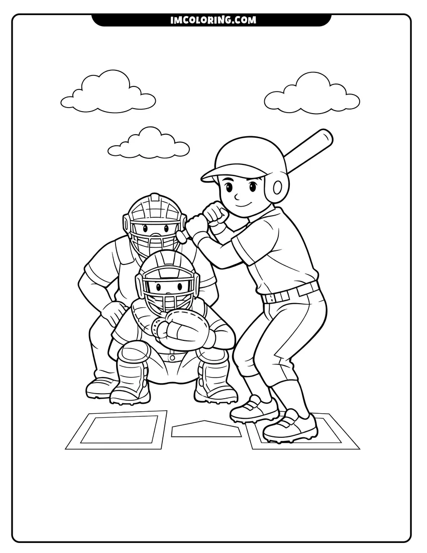 Black and white Baseball batter catcher and umpire at home plate coloring sheet