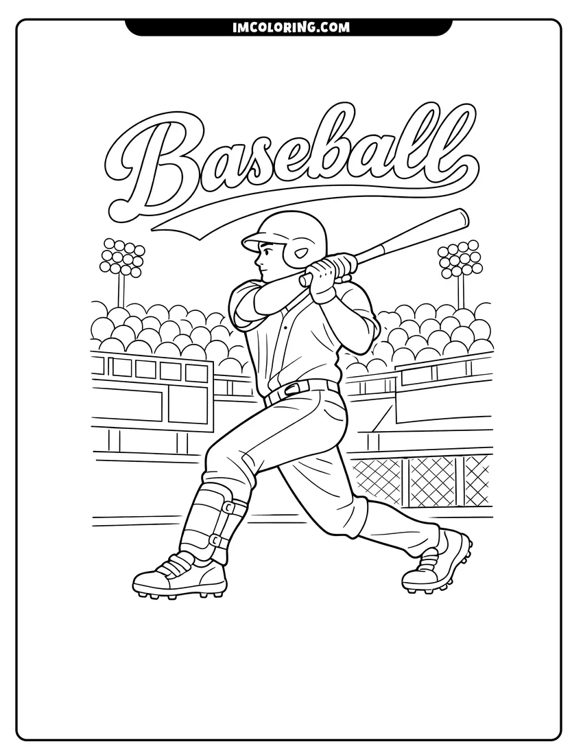 Printable outline of Baseball batter hitting a home run in a stadium