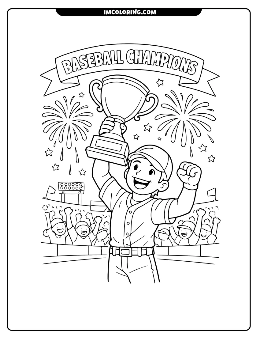 Easy-to-color Baseball player holding a large championship trophy illustration