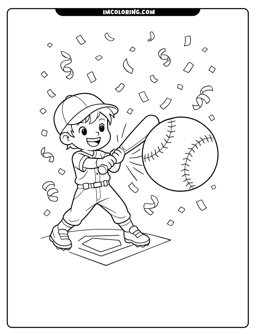 Kids activity sheet showing Boy hitting a baseball with confetti raining down