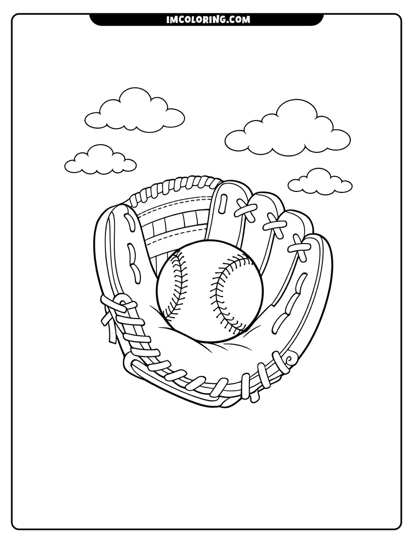 Detailed Baseball mitt holding a ball in the sky design for coloring