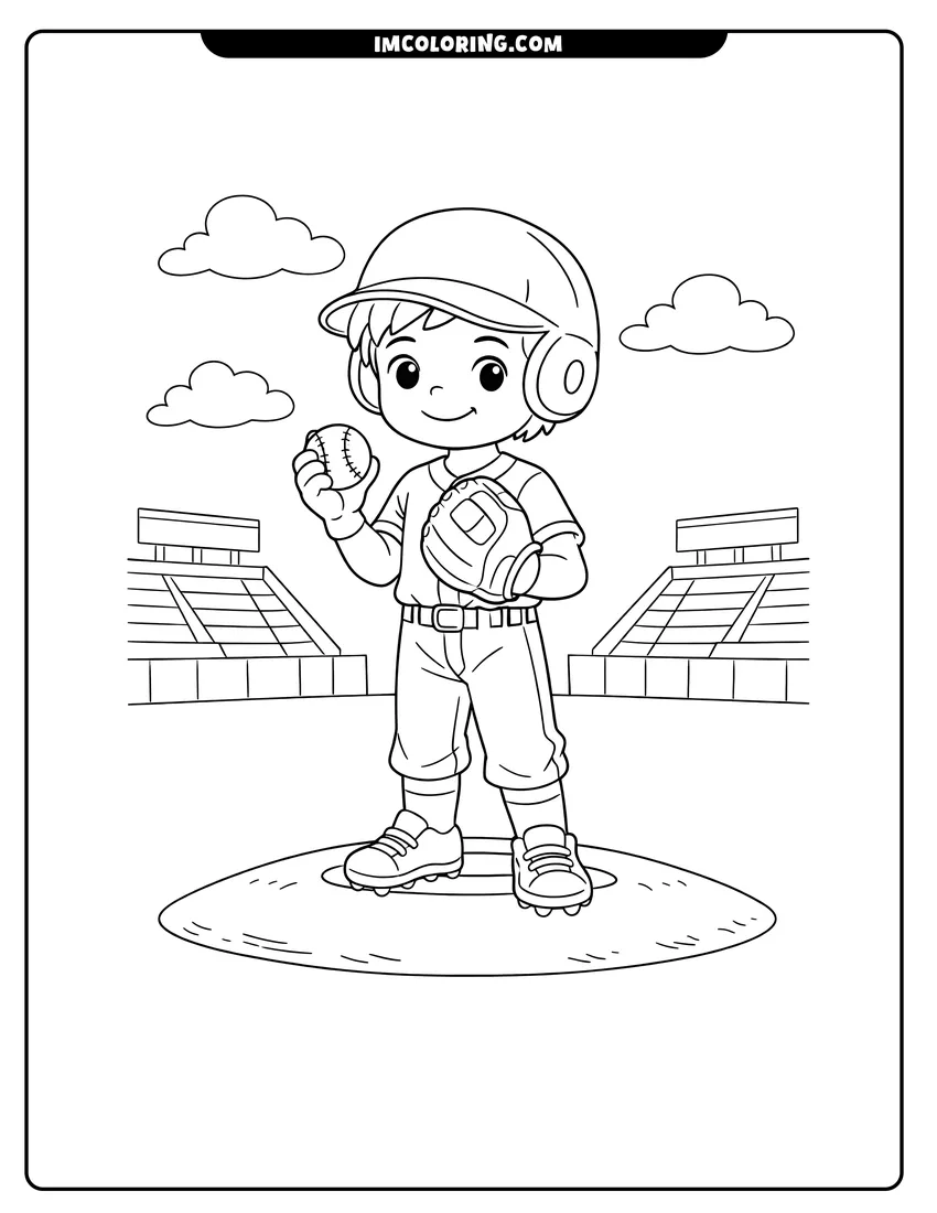 Simple sketch of Young baseball pitcher on the mound for children