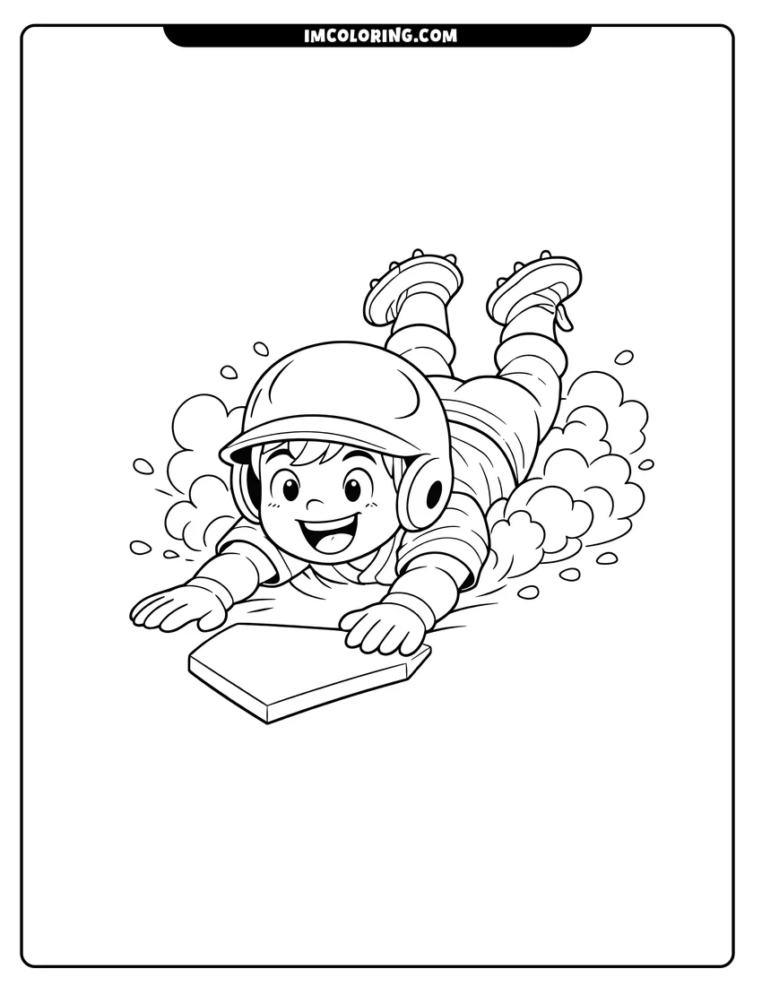 Scene showing Young baseball player sliding into home plate to color