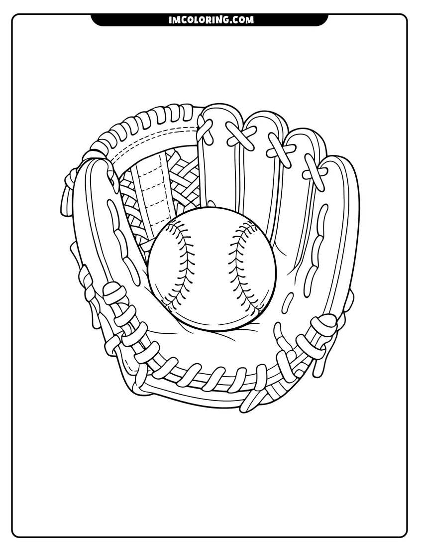 Baseball resting inside a leather glove coloring page for preschoolers