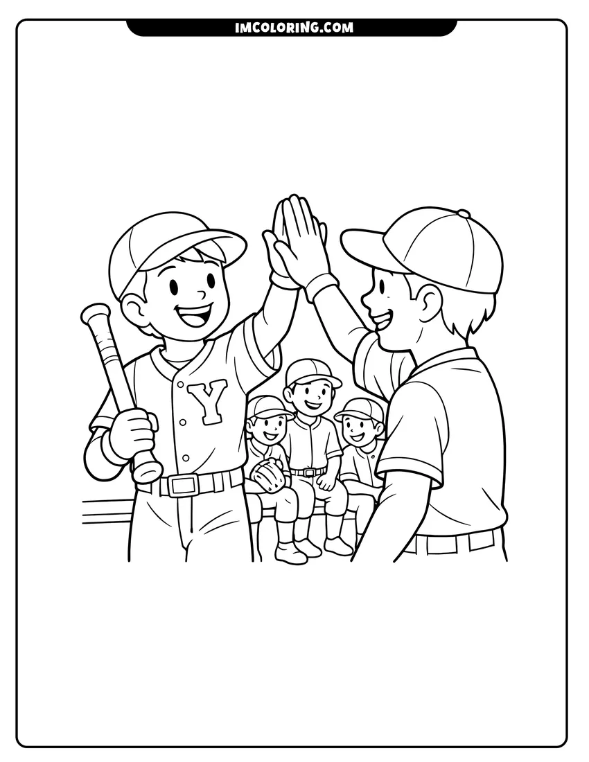Printable outline of Baseball players high-fiving in the dugout