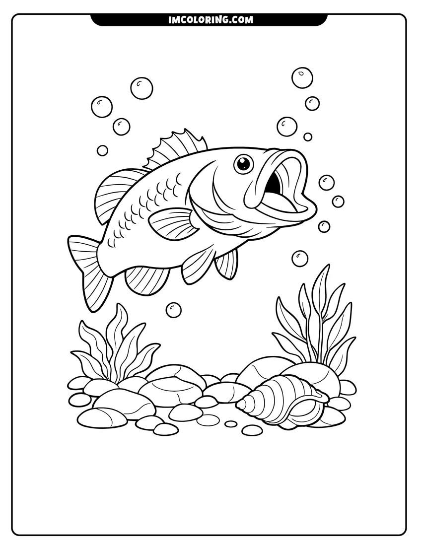 Cute Bass swimming above a riverbed with a seashell outline for coloring