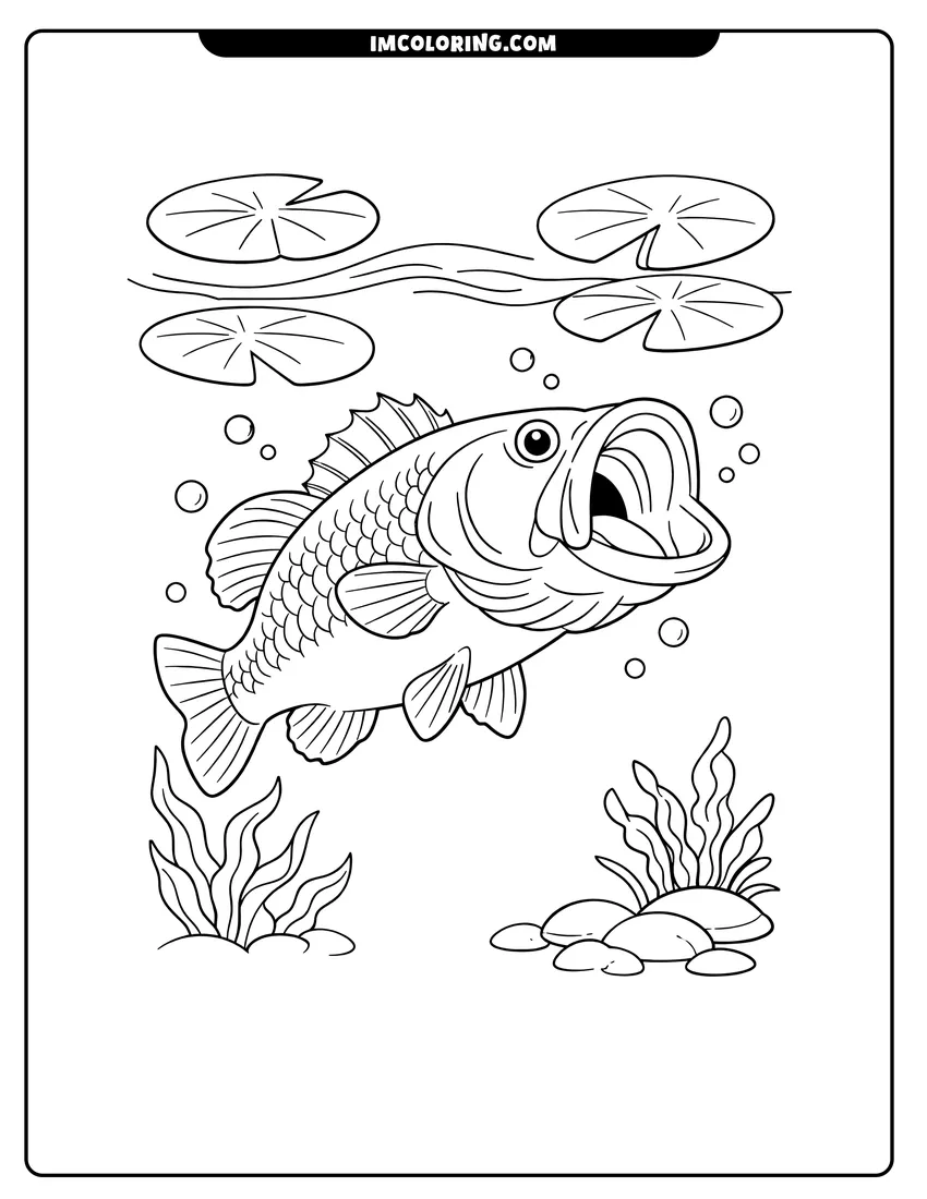 Simple sketch of Bass swimming beneath large floating lily pads for children