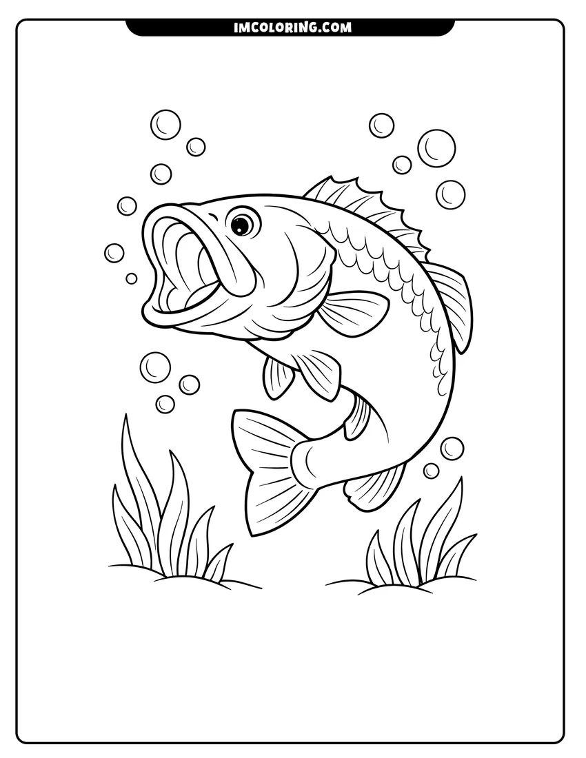 Bass in a curved pose with its mouth open coloring page for preschoolers