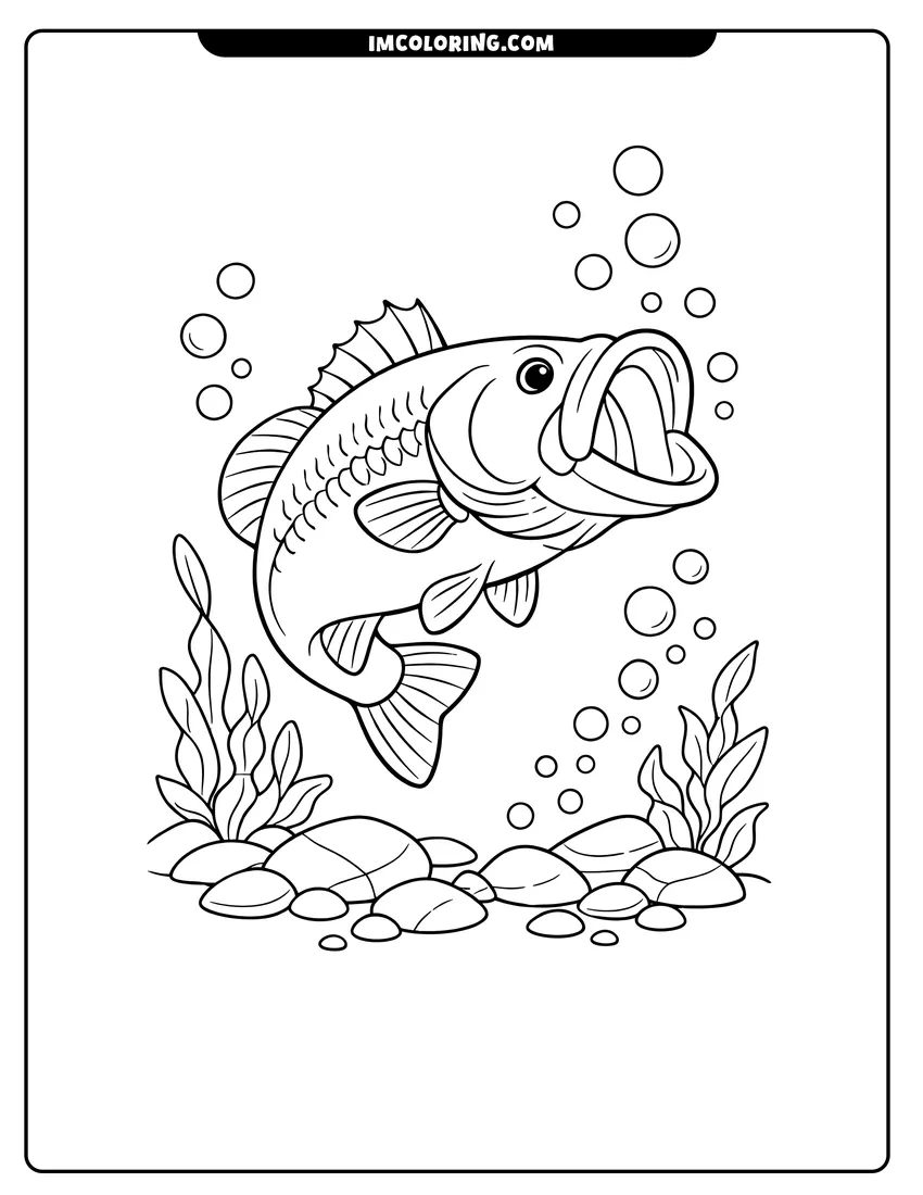 Simple line drawing of Largemouth bass swimming above a rocky bottom with bubbles