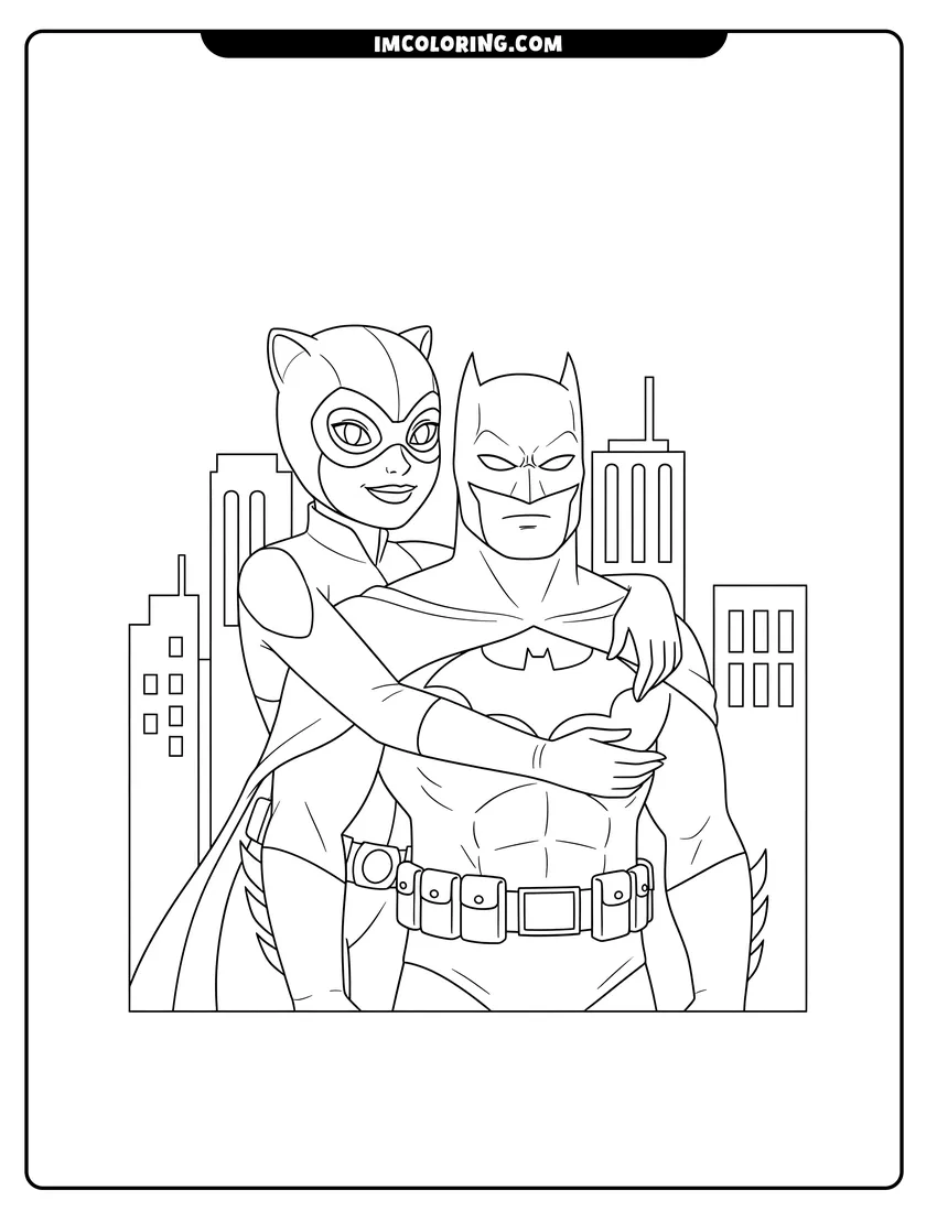 Coloring sheet of Catwoman hugging Batman in front of a city skyline for kids