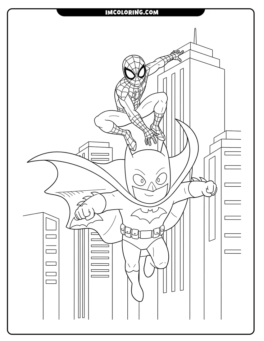 Printable outline of Batman posing with Spider-Man on a wall above