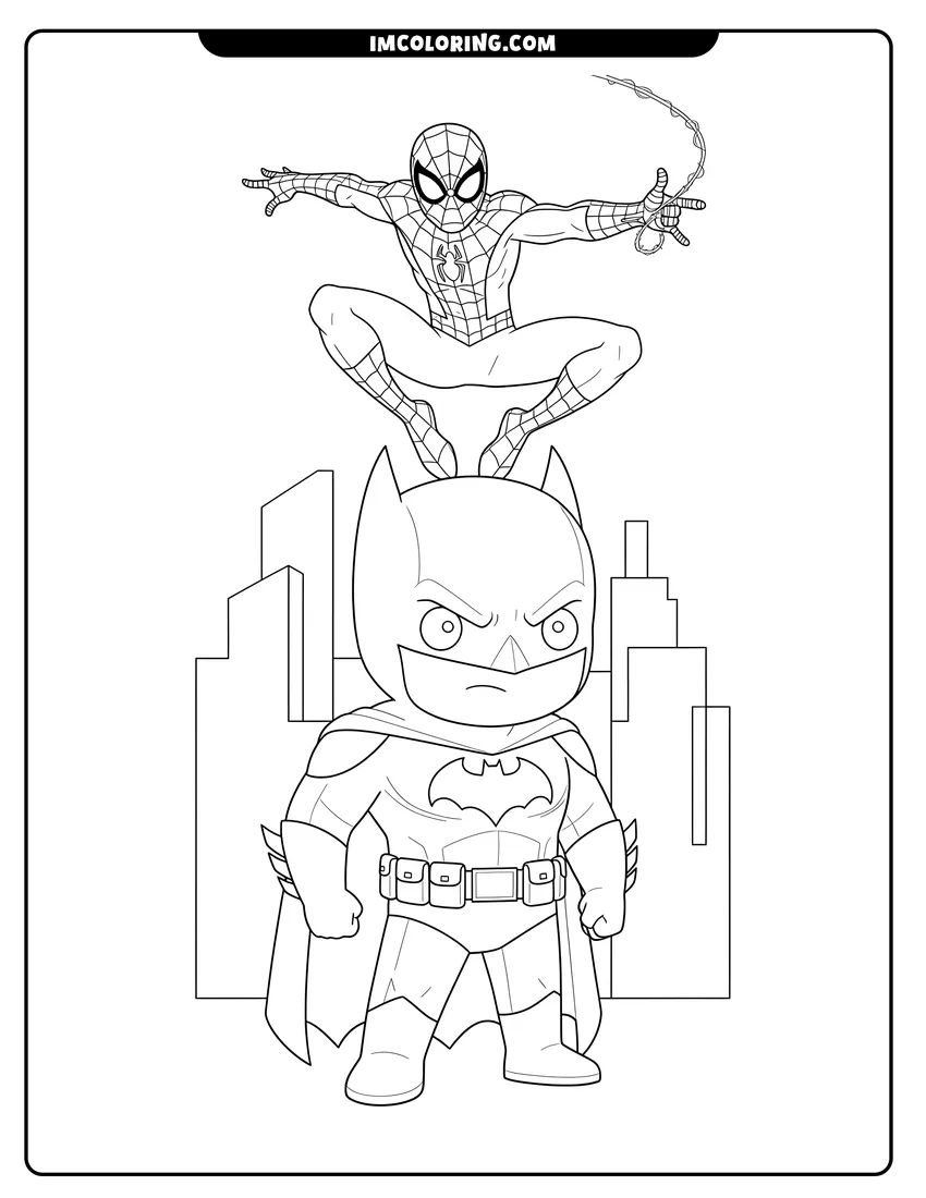 Illustration of Batman standing with Spider-Man swinging on a web ready for painting