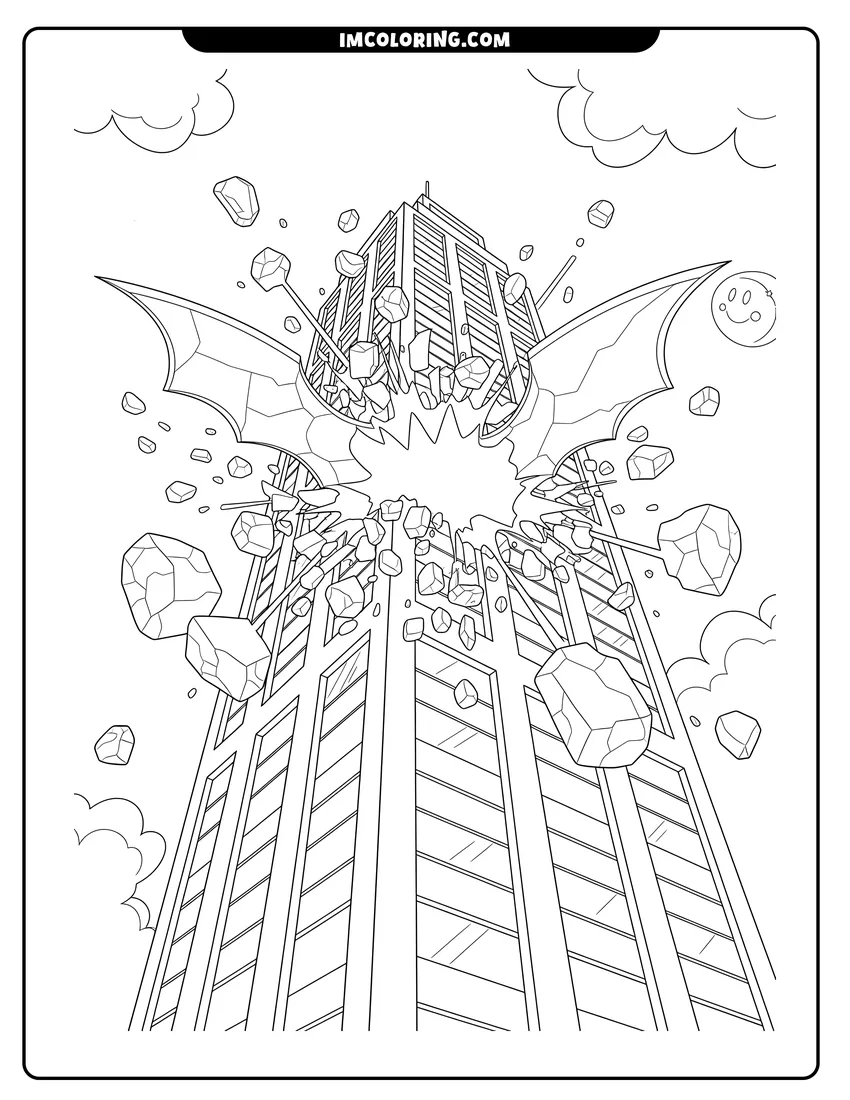 Printable Bat-shaped hole smashed through a city building coloring activity