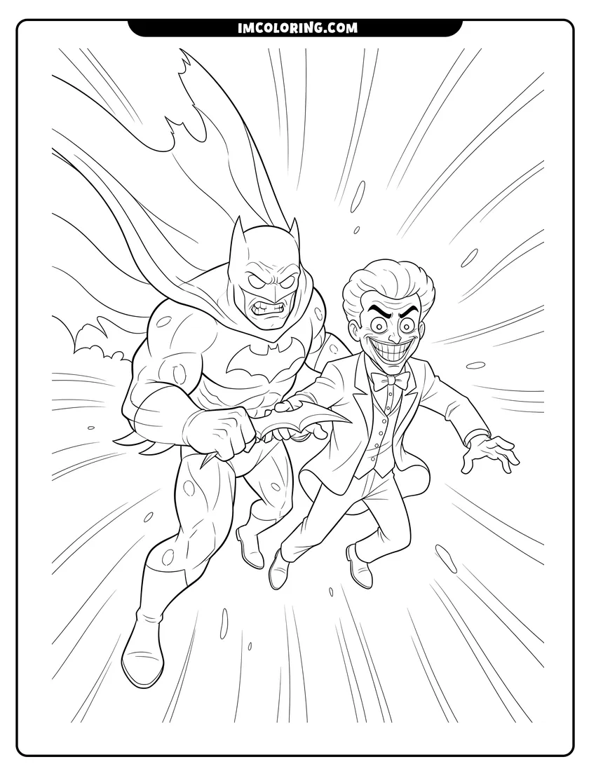 Batman clashing with the Joker amidst motion lines drawing meant for coloring