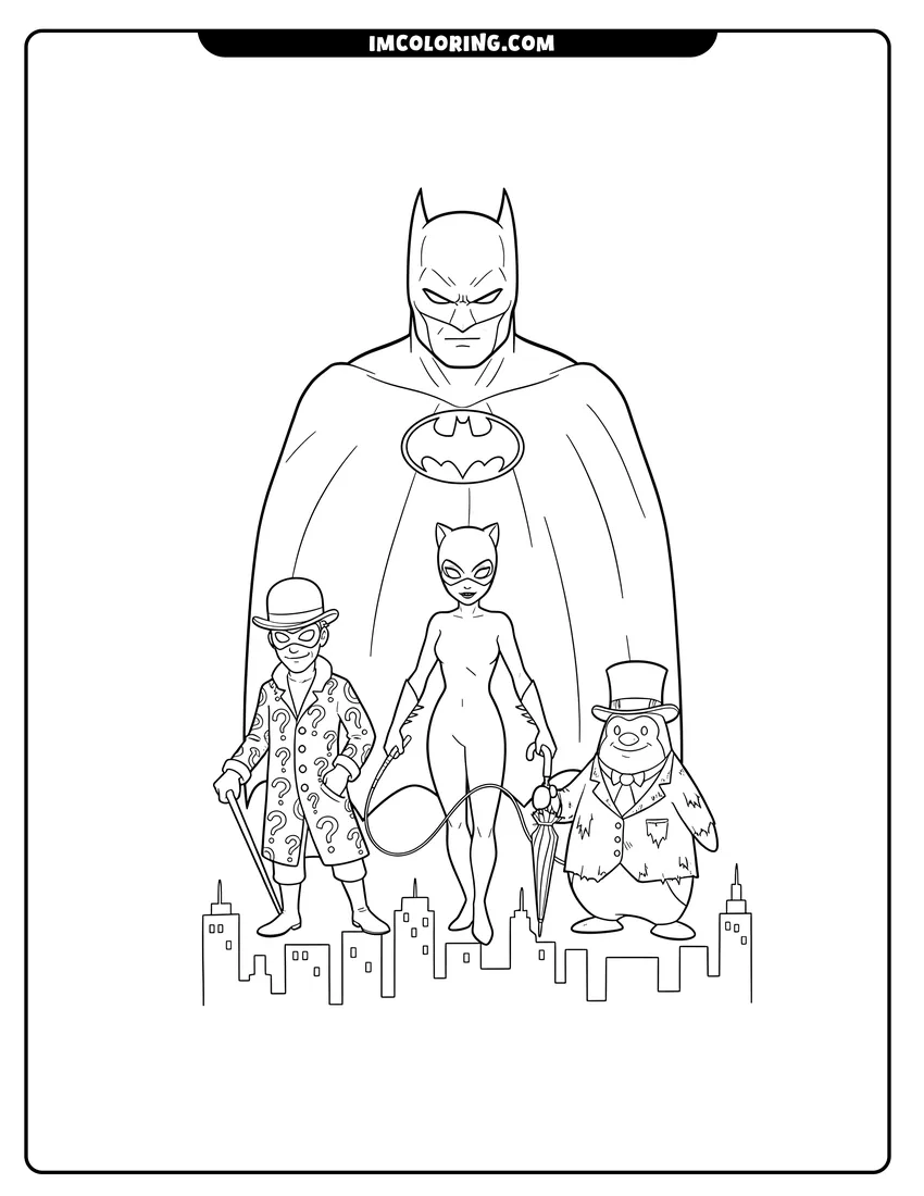 Simple line drawing of Batman with Riddler, Catwoman, and Penguin in Gotham