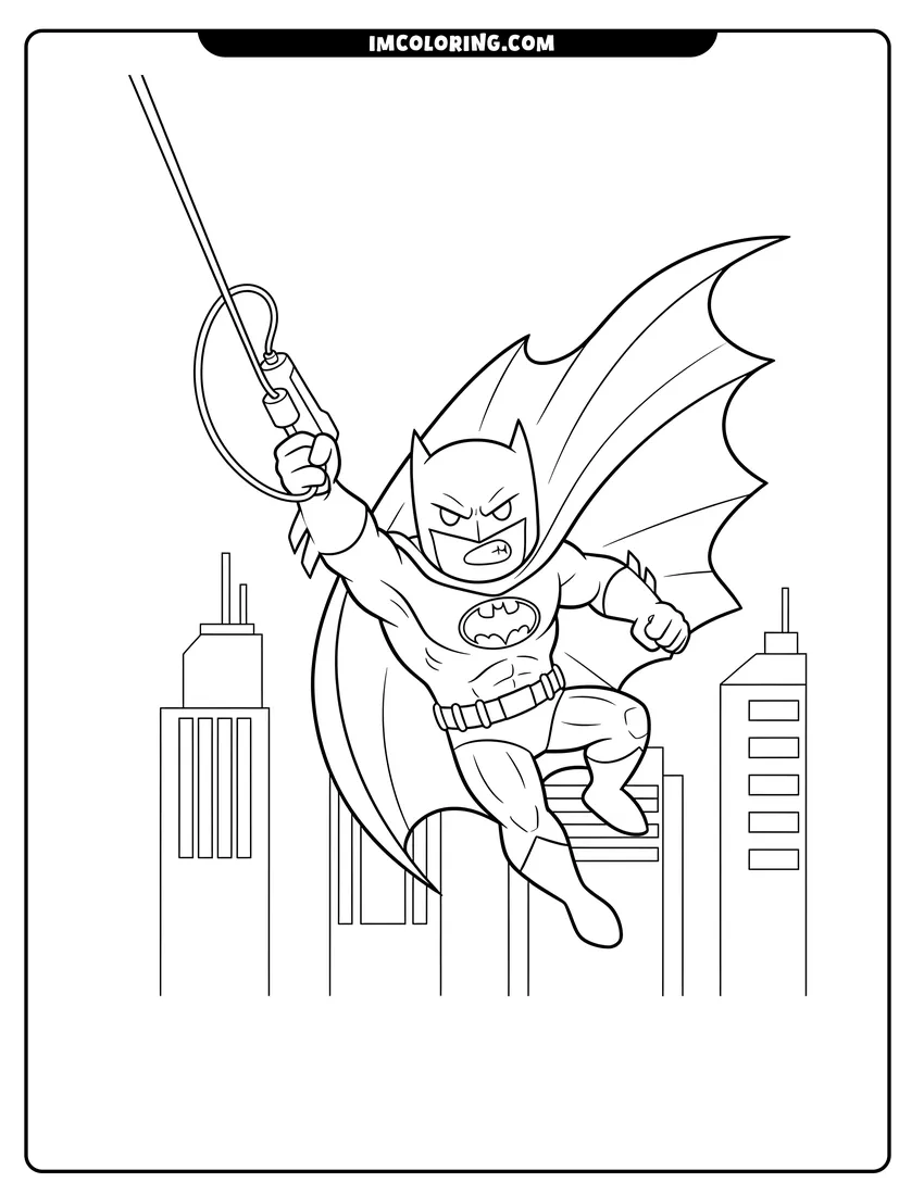 Line art depicting Batman swinging on a grappling line in the city