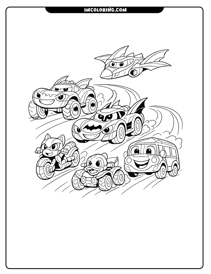 Easy-to-color Six Batwheels vehicles racing down a winding track illustration