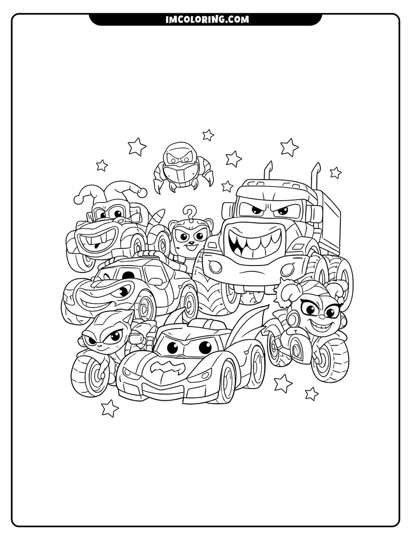Kawaii style Batwheels heroes and villains posing together with stars coloring picture