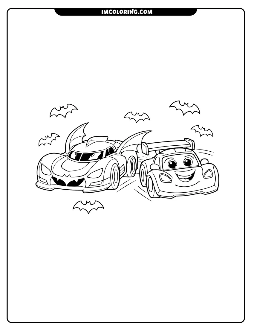 Illustration of Two Batwheels cars racing side-by-side with bat symbols ready for painting