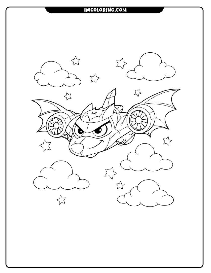 Scene showing Batwing the Batwheels jet flying through clouds and stars to color